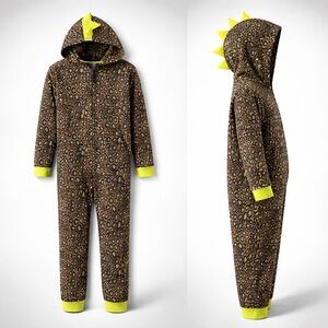 Cat & Jack Dinosaur Fleece One-Piece Union Suit PJs - NWT XL (14) Hooded Pajamas